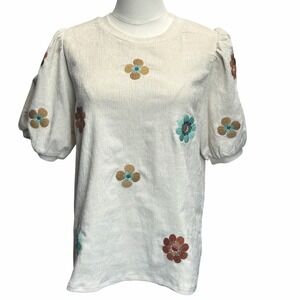 THML Floral Embroidered Puff Sleeve Ivory Velvet Cream Chenille Textured Boho M